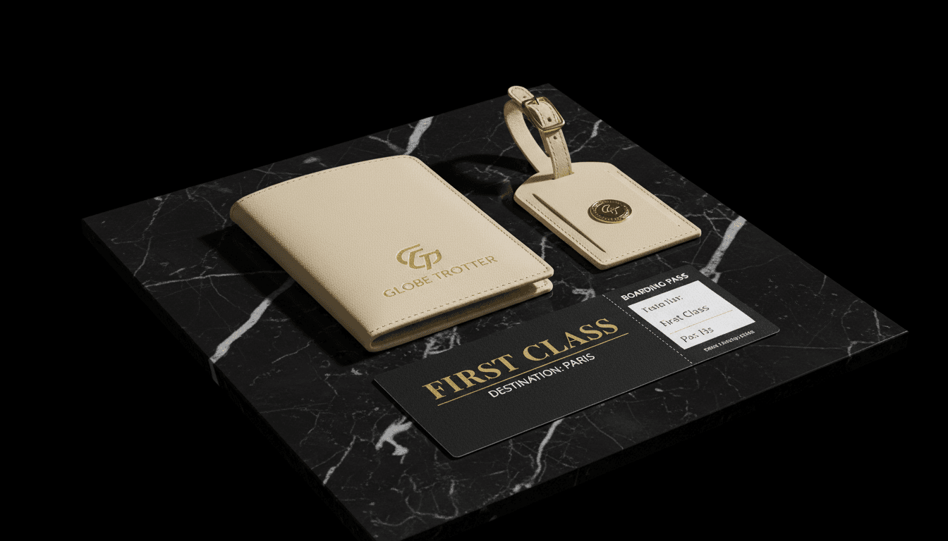 Détail d'accessoires de voyage haut de gamme sur fond de marbre noir